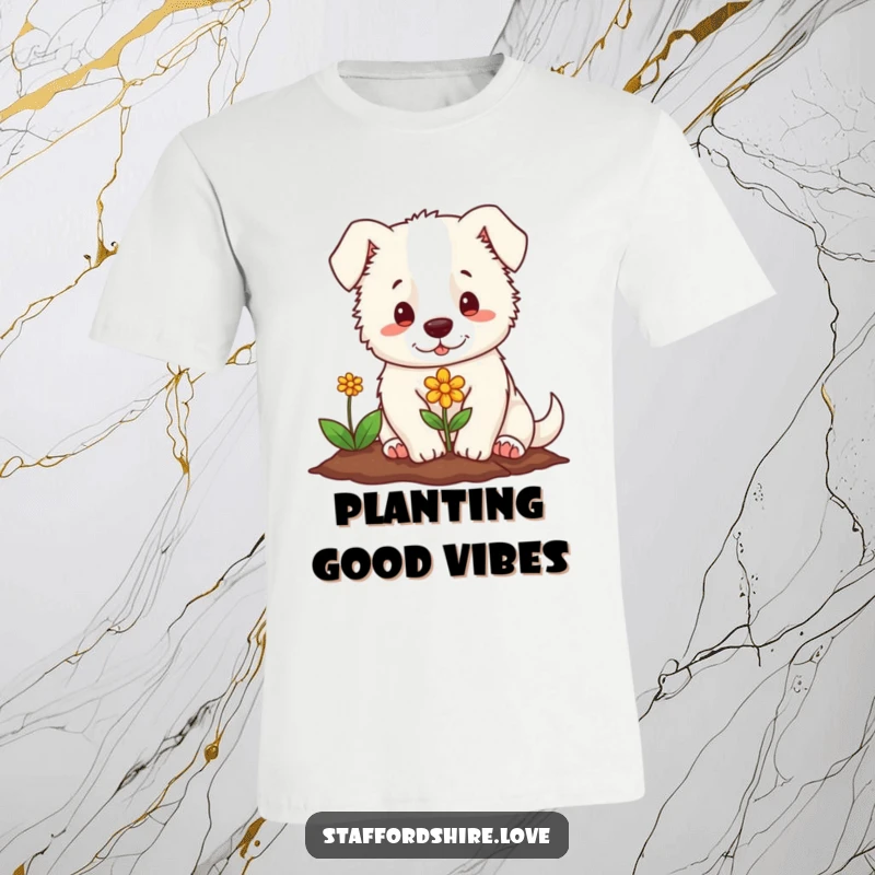 Funny t-shirt with a soft Staffordshire character gently planting a small, colorful flower. A sweet and humorous design.