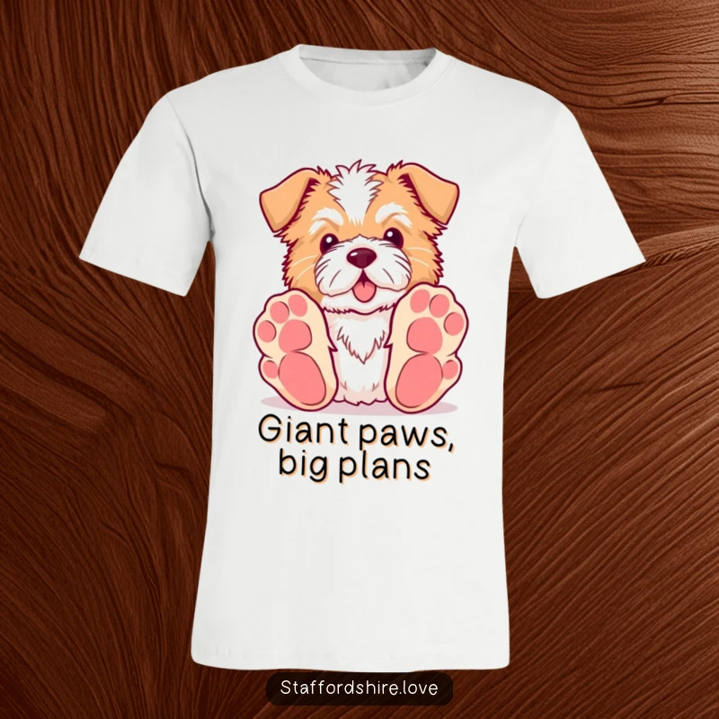 Funny Kawaii Staffordshire t-shirt showcasing a dog attempting to grab a toy with comically large paws, full of playful enthusiasm.