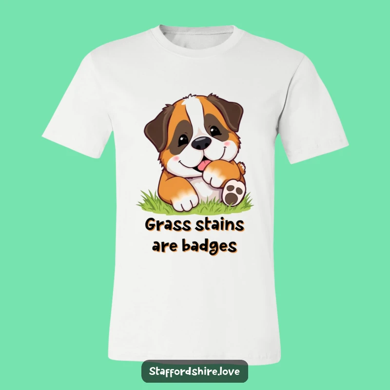 Funny Rolling Saint Bernard T-Shirt - Happy Dog Grass Play Tee Gift