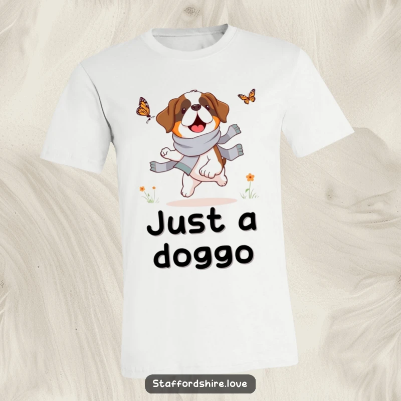 Funny Saint Bernard t-shirt, large dog with a scarf enthusiastically chasing a small butterfly, perfect for dog moms and dads.