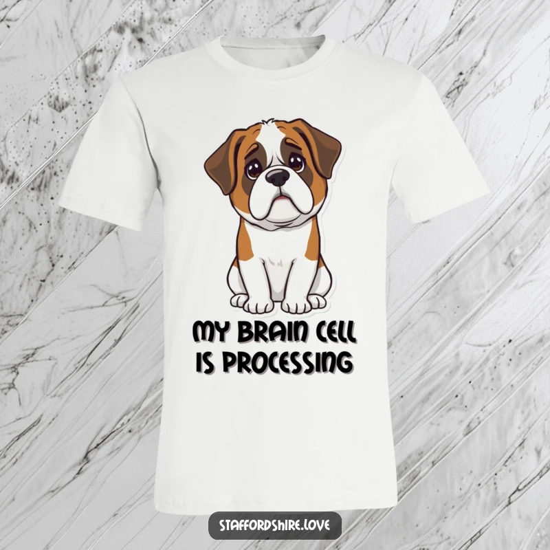 Funny Kawaii Saint Bernard t-shirt showing a cute dog tilting its head in complete confusion, a great funny gift.