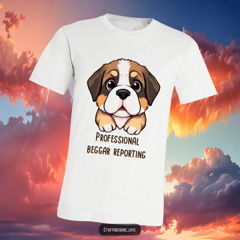 Funny Saint Bernard puppy t-shirt featuring a puppy with head tilted and large, pleading eyes, radiating humor and canine charm.