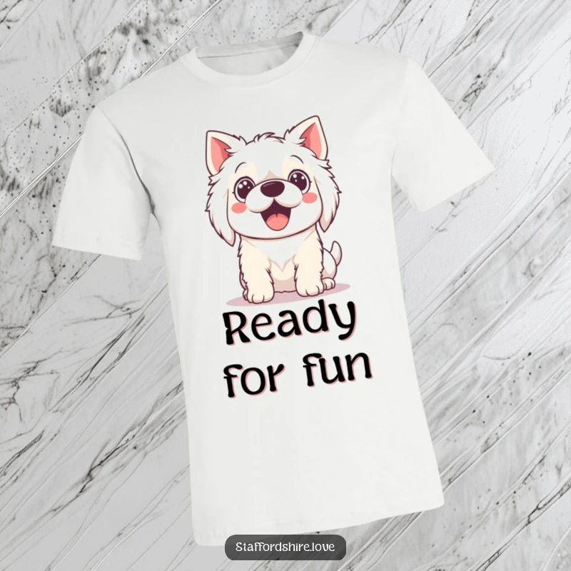 Funny T-Shirt with a Kawaii Staffordshire dog sporting excited, wide eyes, eager for fun and playtime activities.