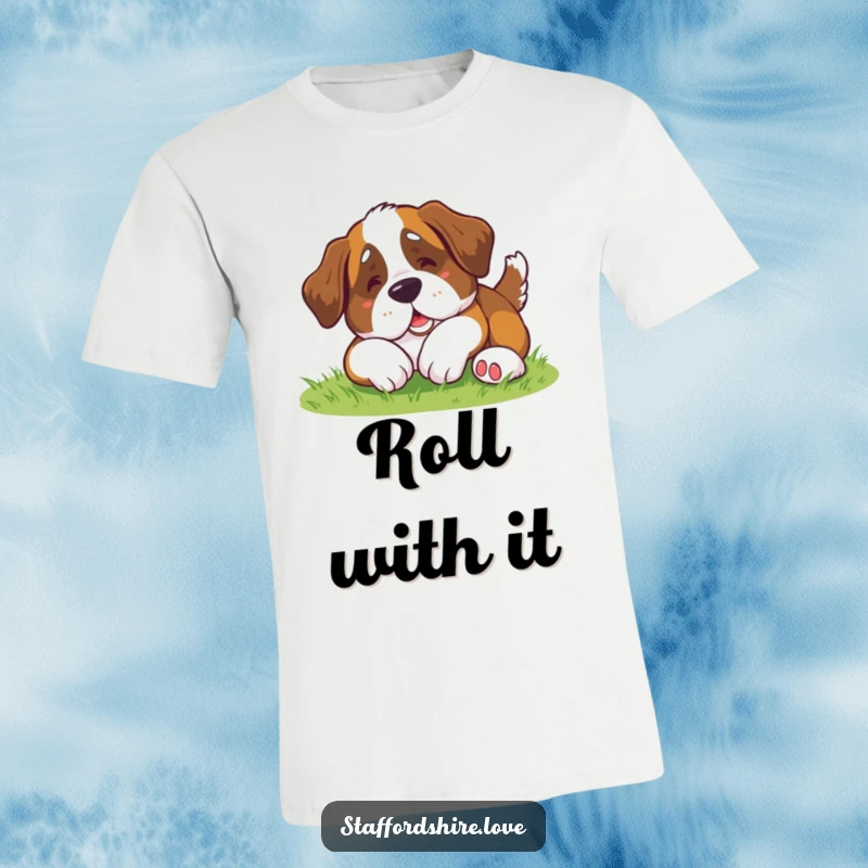 Funny Saint Bernard T-Shirt: Adorable kawaii Saint Bernard dog hilariously tumbling on grass in a playful roll.