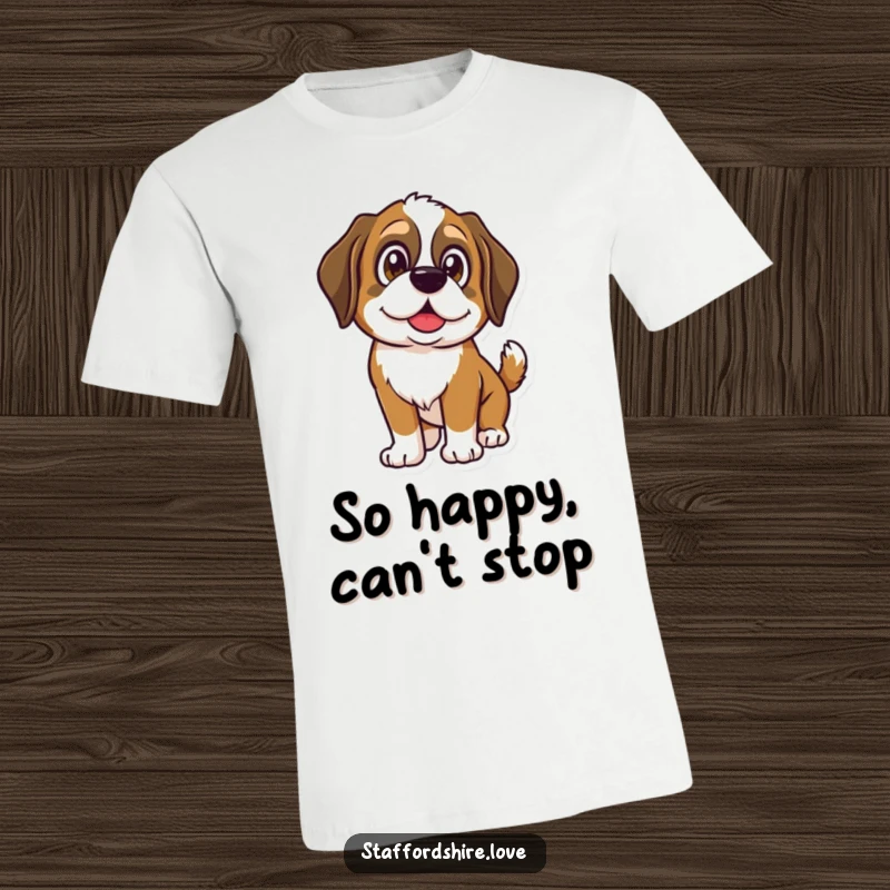 Funny Saint Bernard t-shirt with a dog's large, shining eyes and enthusiastically wagging tail, embodying happiness and excitement.