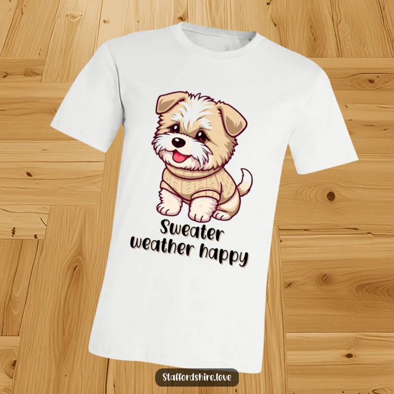 Funny t-shirt featuring a fluffy Staffordshire dog in a sweater, tail wagging with happiness, celebrating doggy love.
