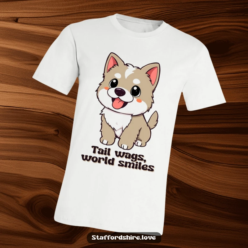 Funny kawaii Staffordshire puppy with a wagging tail, panting happily on a t-shirt, embodying pure joyful energy.