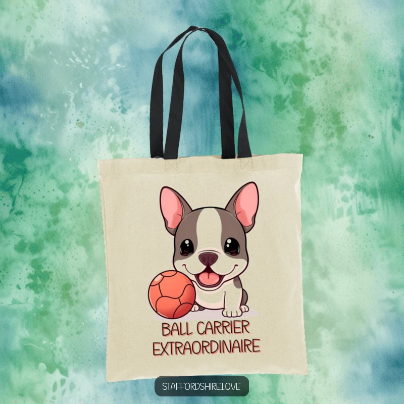 Funny Kawaii Staffordshire Bull Terrier tote bag, enthusiastically offering a slobbery ball, ready for a game of fetch.