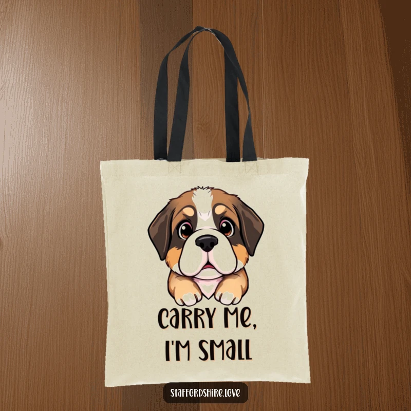 Funny Saint Bernard puppy tote bag showing a puppy with big, pleading eyes, perfect for carrying groceries or essentials with a smile.