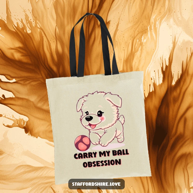Funny, fluffy Staffordshire puppy with rosy cheeks, playfully chasing a bouncing ball on a durable and stylish tote bag.