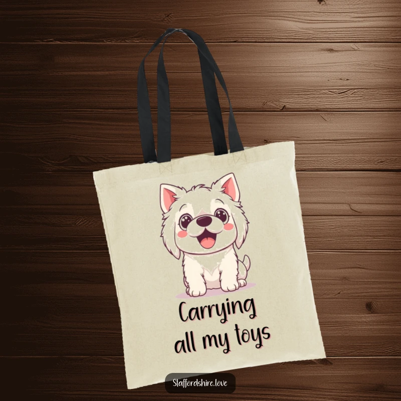 Funny Tote Bag featuring a Kawaii Staffordshire dog with big, excited eyes, ready for any adventure.