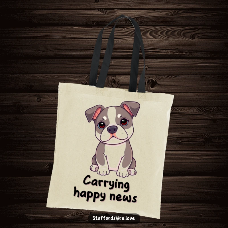 Funny kawaii Staffordshire Bull Terrier tote bag with ears perked up, perfect for carrying essentials with attentive charm.