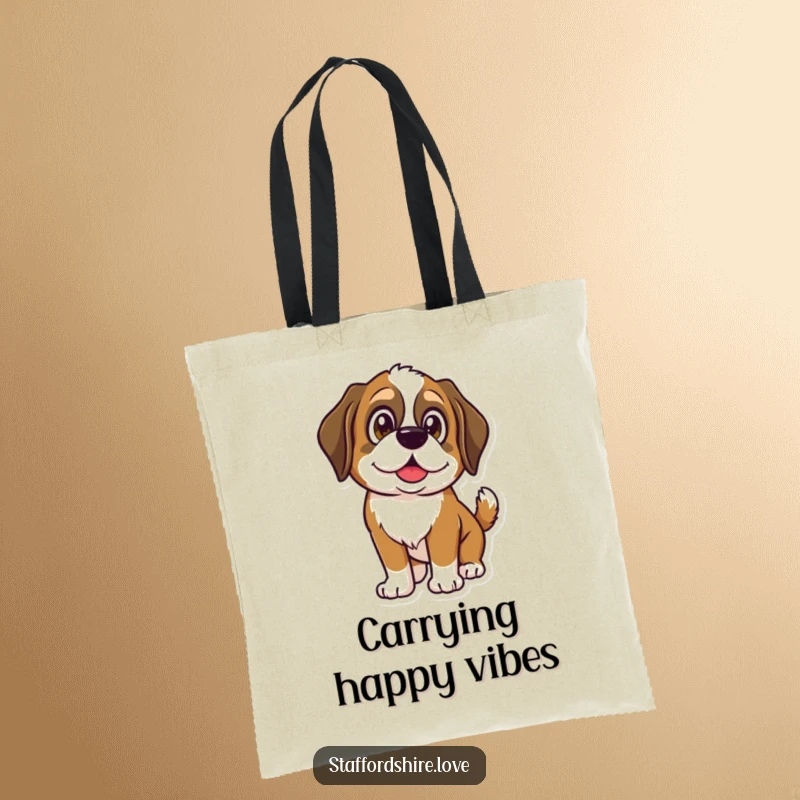 Funny Saint Bernard tote bag with a dog's shining eyes and wagging tail, perfect for carrying essentials with a happy vibe.
