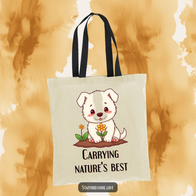 Funny tote bag with a soft Staffordshire character gently planting a small, colorful flower. A sweet and practical accessory.