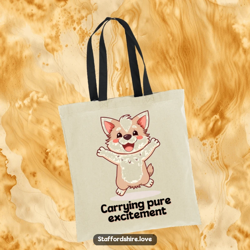 Funny Kawaii Staffordshire Tote Bag, showcasing a cute Staffy doing a happy, clumsy jump, perfect for everyday use and dog enthusiasts.