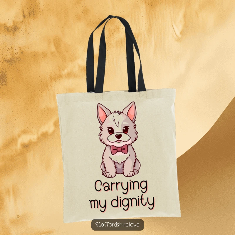 Funny Kawaii Staffordshire tote bag featuring a proud dog in a bowtie, ideal for stylishly carrying daily essentials with a smile.