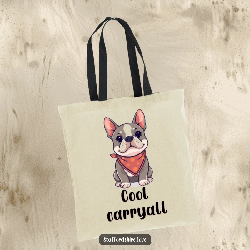 Funny Kawaii Staffordshire Bull Terrier tote bag sporting a tiny bandana, looking effortlessly cool and stylish.