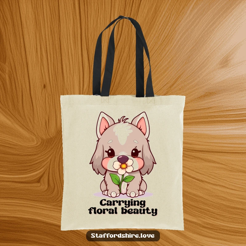 Funny Kawaii Staffordshire Tote Bag, showcasing a cute Staffy gently holding a flower in its mouth, perfect for everyday use and dog enthusiasts.