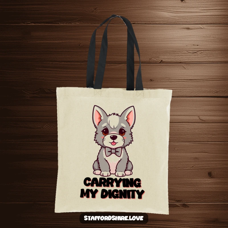 Funny kawaii Staffordshire tote bag, featuring a proud dog sitting in a small bowtie, great for shopping and showcasing canine sophistication.