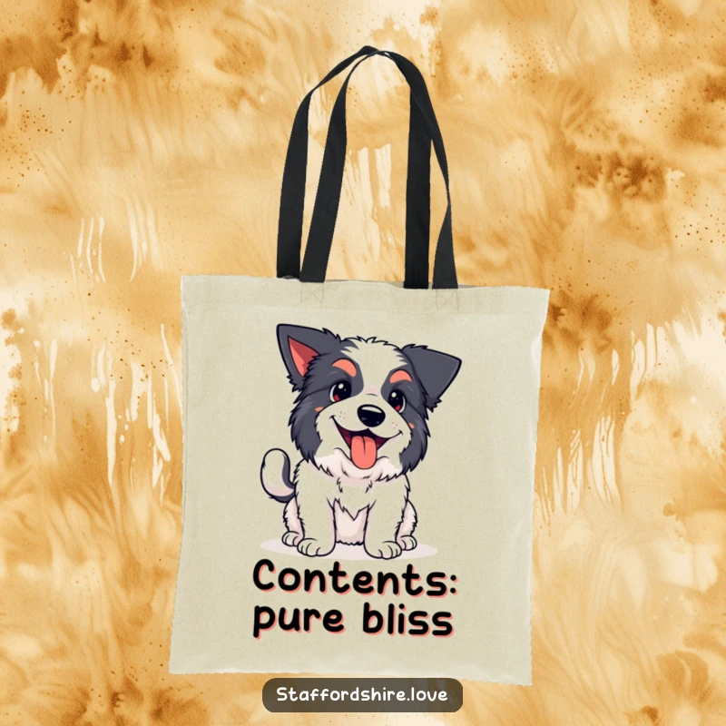 Funny kawaii Staffordshire tote bag, featuring a happy dog panting with a wagging tail, great for shopping and showcasing canine joy.