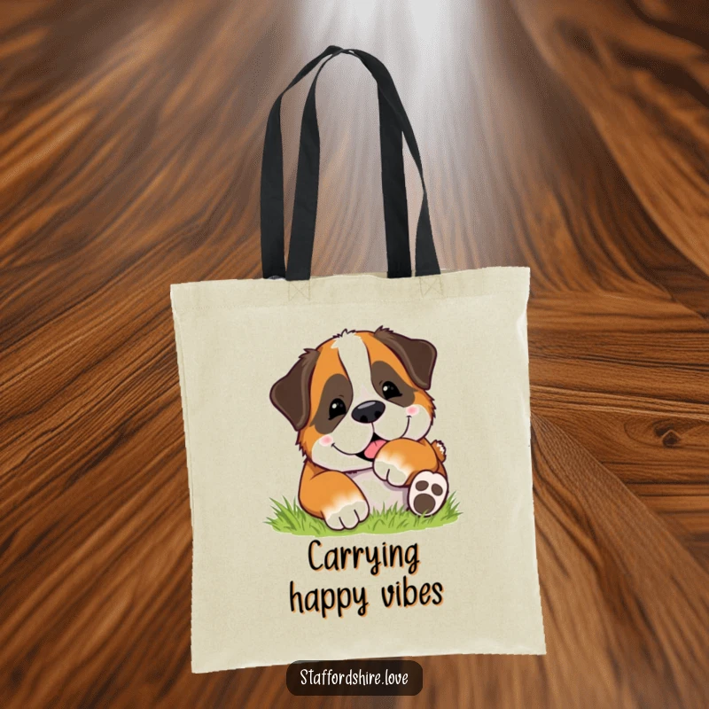 Funny tote bag with a Saint Bernard dog rolling joyfully in soft grass, perfect for carrying daily items with a happy vibe.
