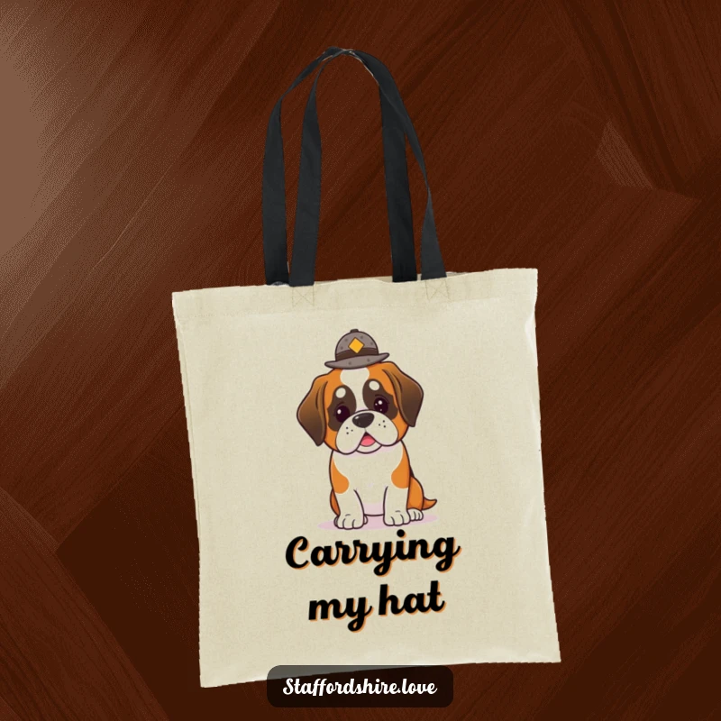 Funny Saint Bernard Tote Bag: Cute tote bag featuring a kawaii Saint Bernard dog balancing a small hat.