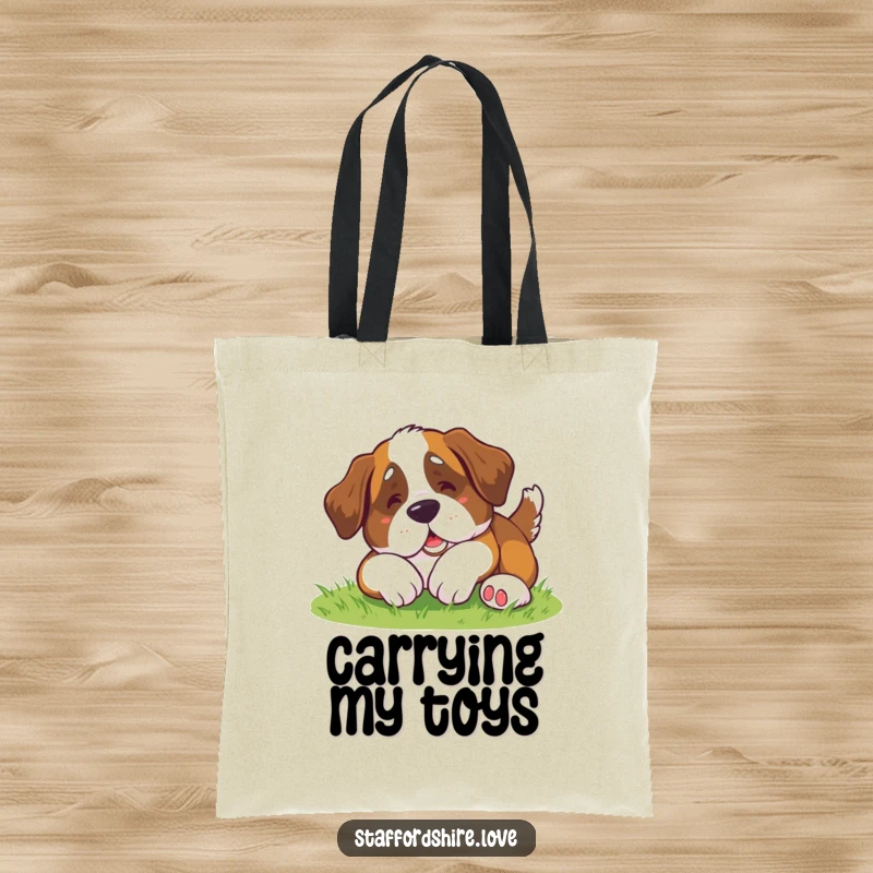 Funny Saint Bernard Tote Bag: Cute tote bag featuring a kawaii Saint Bernard dog in a funny, clumsy roll.