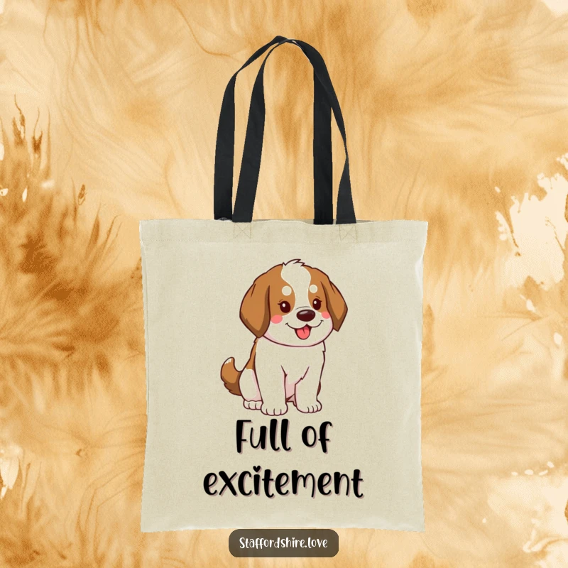Funny Saint Bernard Tote Bag depicting a dog with a fluffy tail swaying enthusiastically, perfect for carrying items with playful energy.