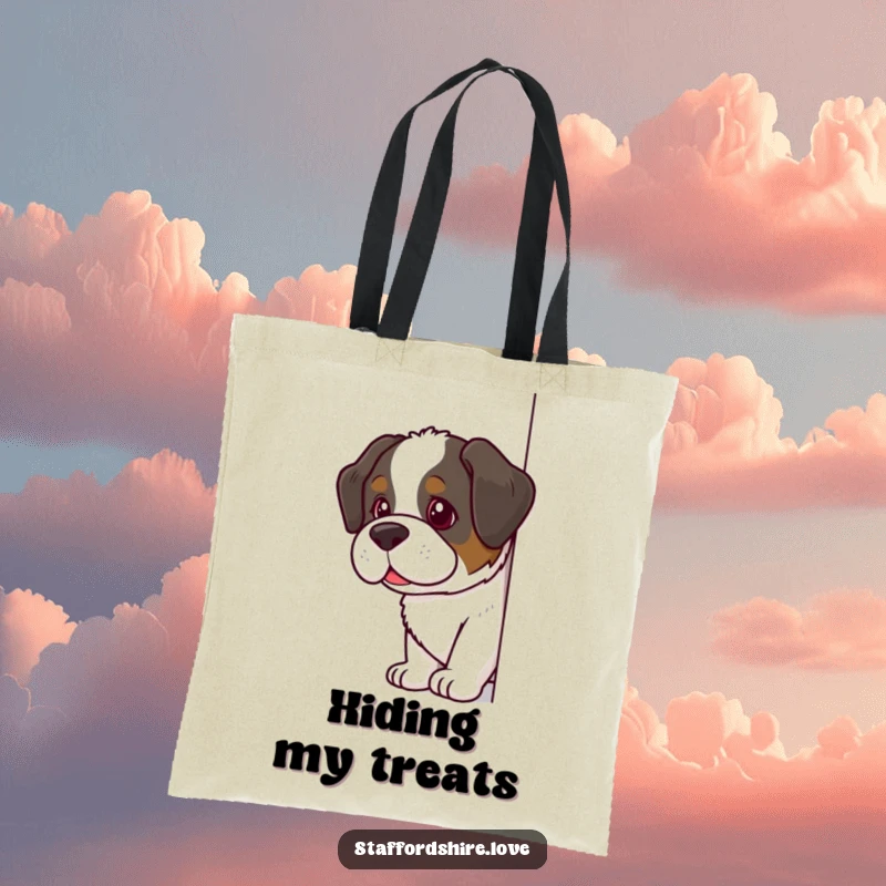 Funny Saint Bernard Tote Bag depicting a dog with a mischievous glint, peeking slyly, perfect for carrying items with a humorous touch.