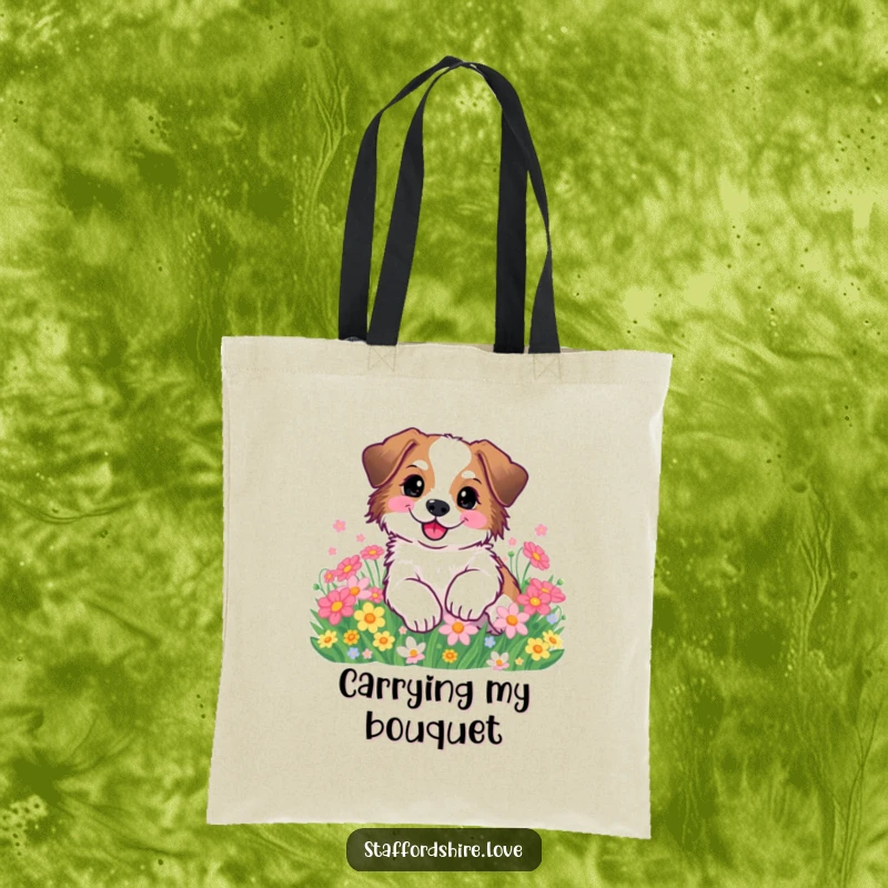 Funny Staffordshire dog happily rolling in flowers on a tote bag. Ideal gift for shoppers.