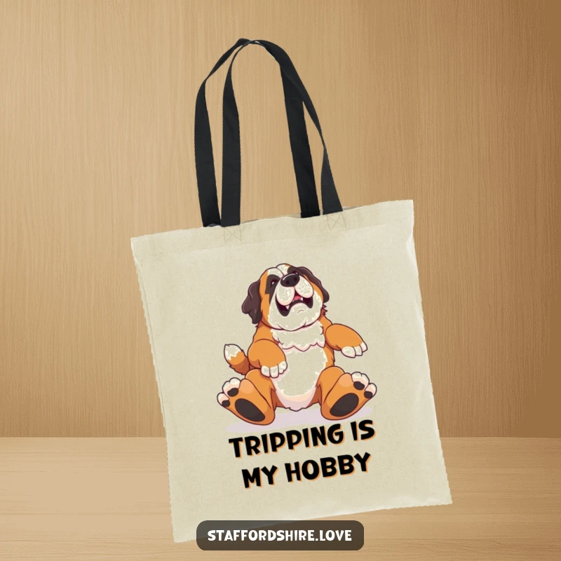 Funny tote bag with a Saint Bernard tripping humorously over its feet, ideal for dog lovers on the go.